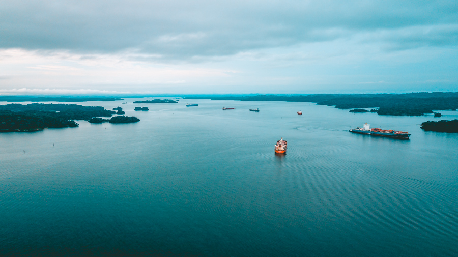 transiting the panama canal drone view