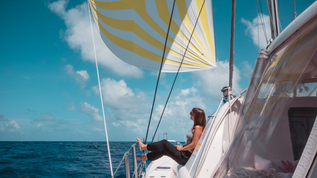 nikki wynn sailing with spinnaker in South Pacific