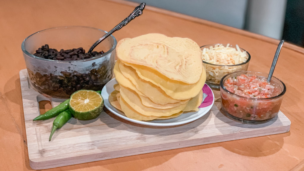 corn flour crepes with black beans, fresh salsa and smoked cheese