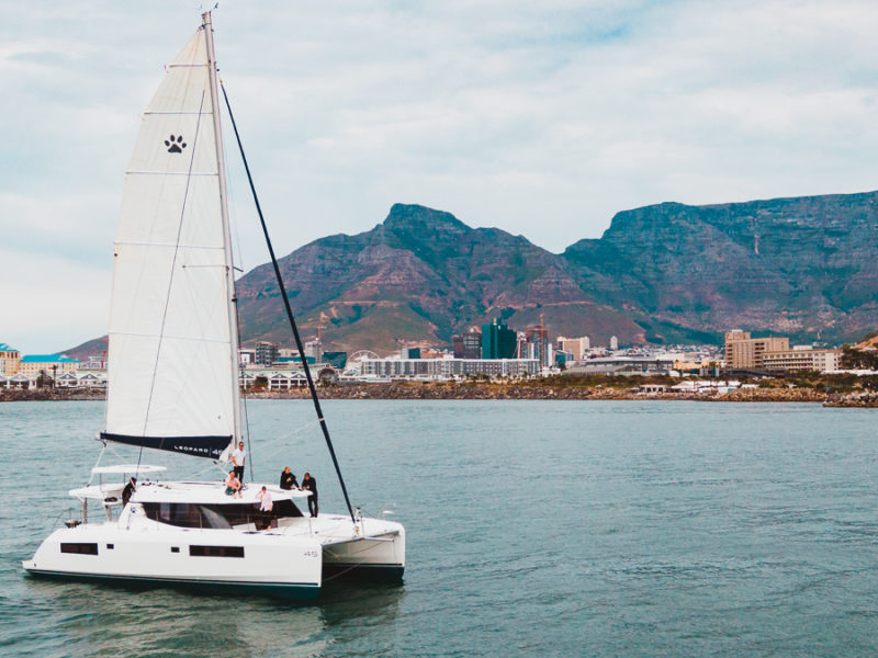 leopard 45 catamaran at sea with cape town south africa in background